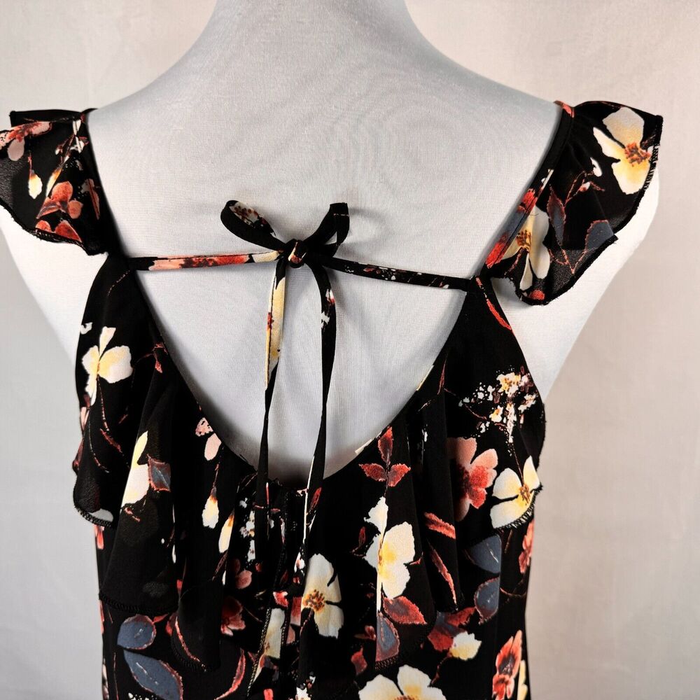 Maurices Floral Tank Sz S Black Peach Yellow Ruffled neck spaghetti straps - Picture 6 of 9